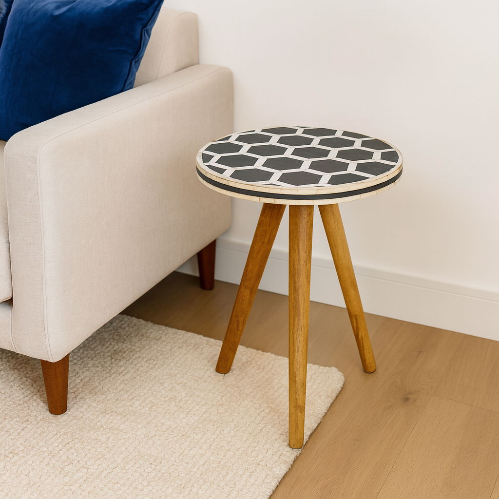 Inlay Bone Tripod Stool - Beige / White