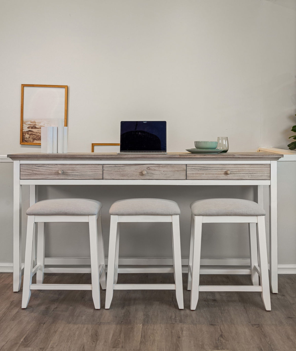 Islamorada - 3-Drawer Console And 3 Stools - Dapple Gray / Blanc