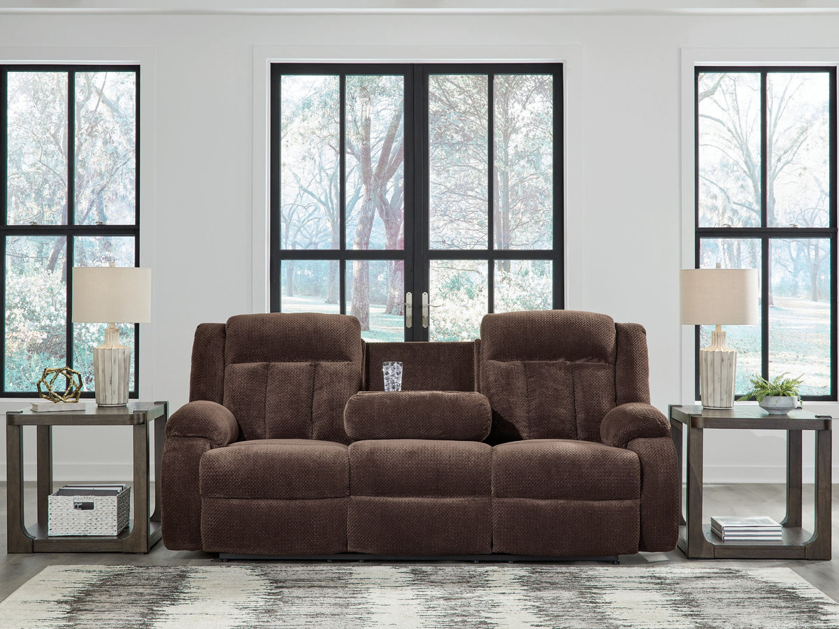 Free Wake - Reclining Power Sofa With Drop Down Table - Chocolate
