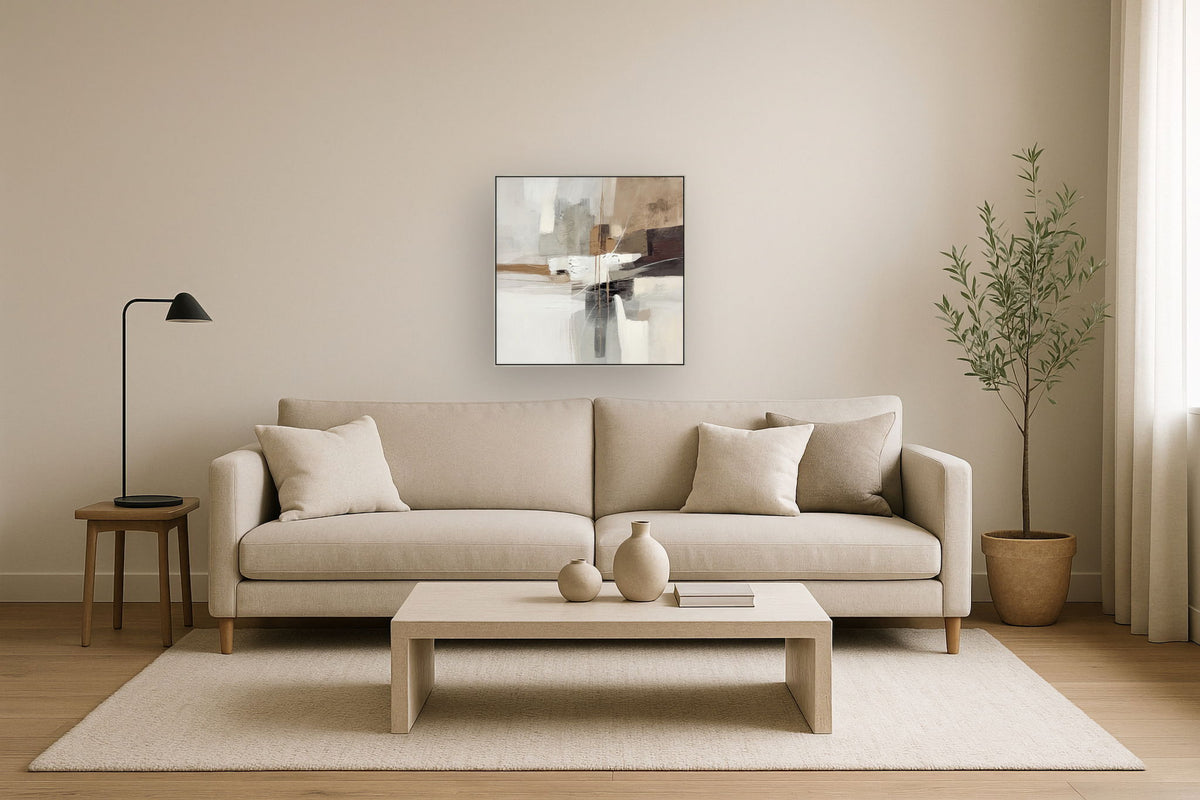 "Earthy Abstraction I" Hand-Embellished Canvas In Frame - Cream / Beige / Brown