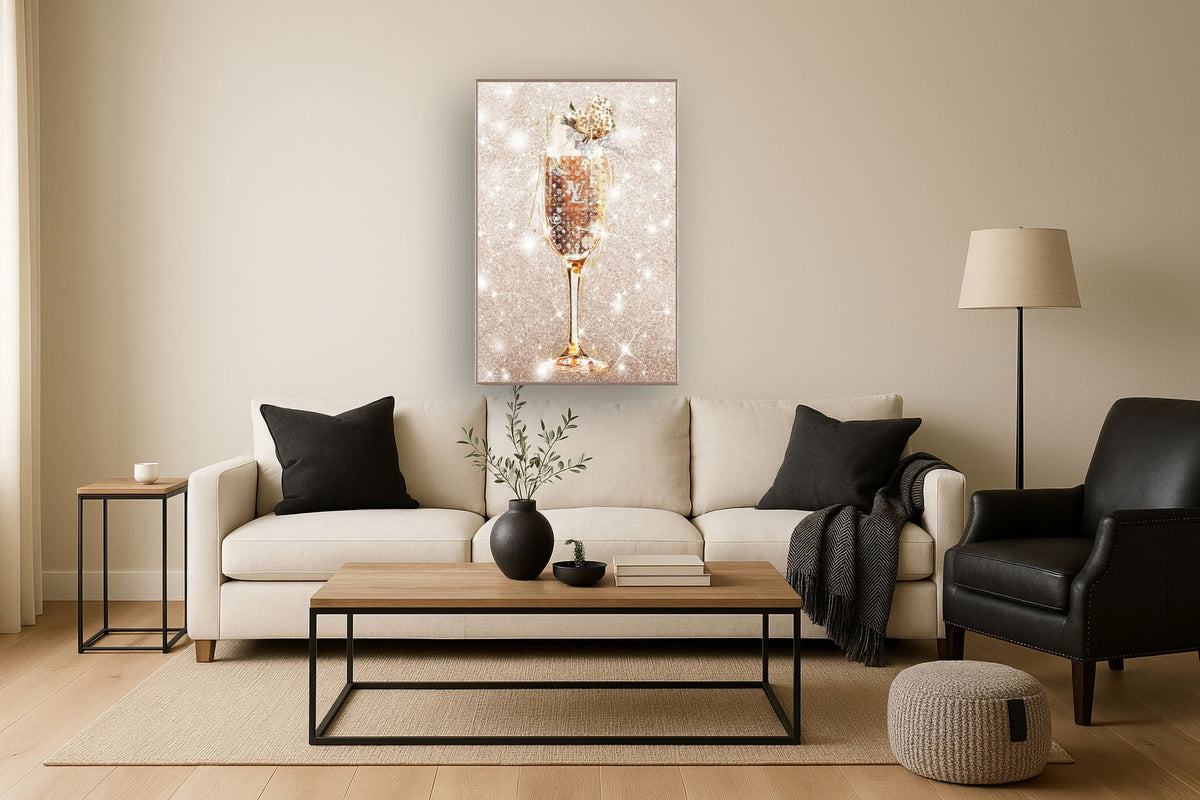 Rose Gold Bubbly With Rocks Framed - Beige