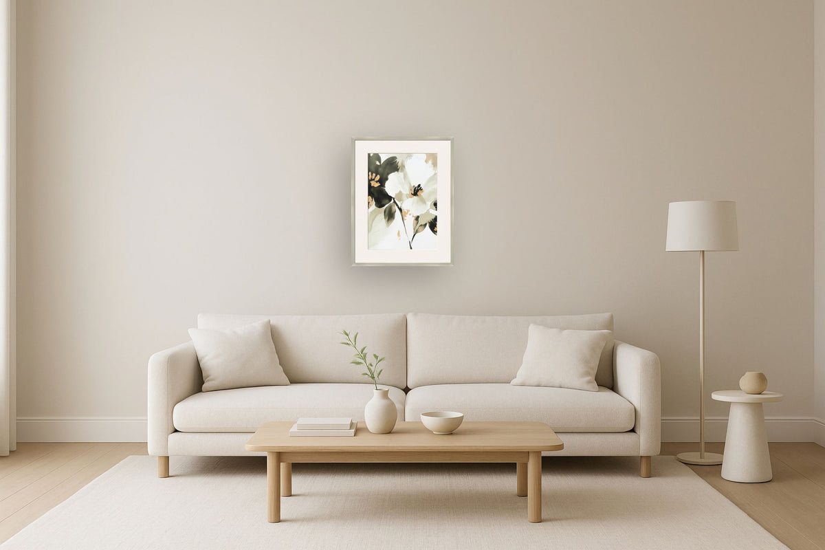 "Whispering Petals II" Framed Canvas Under Acrylic - Cream / Taupe
