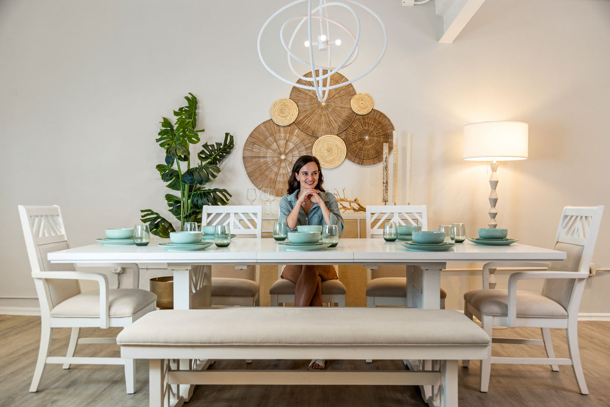 Miramar - Extendable Trestle Dining Table With Self Storing Leaf - Sand / Stark White