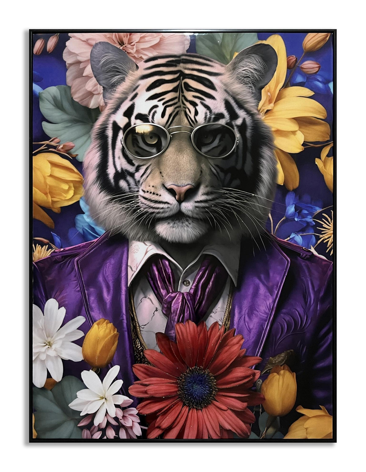 Dapper Tiger Blooms - 30" x 40" Framed Wall Art - Purple