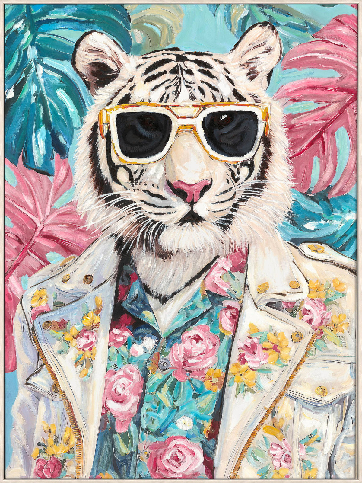 Tropical Rebel Hand-Embellished Canvas In Frame - Aqua / Pink