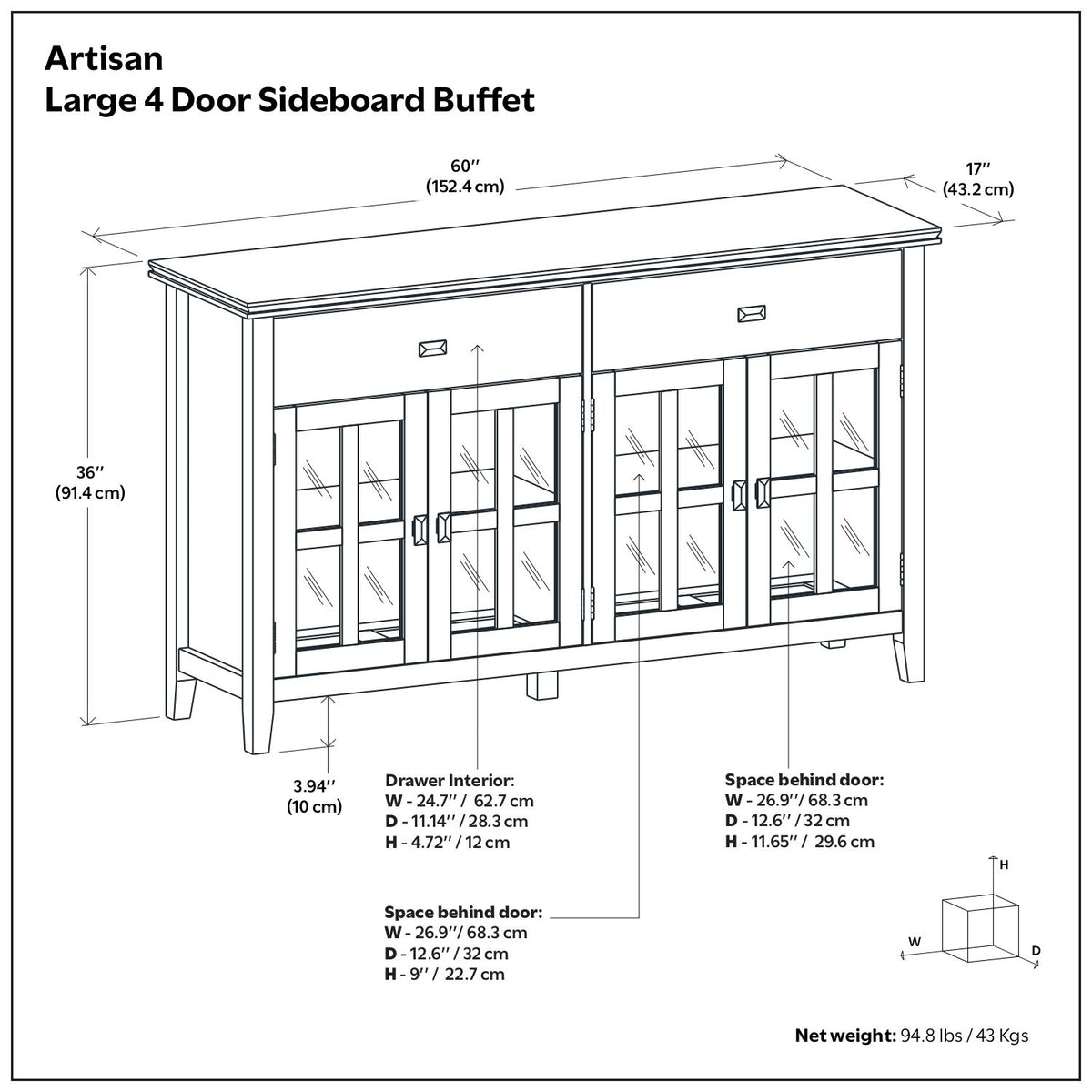 Artisan - Large 4 Door Sideboard Buffet - Russet Brown