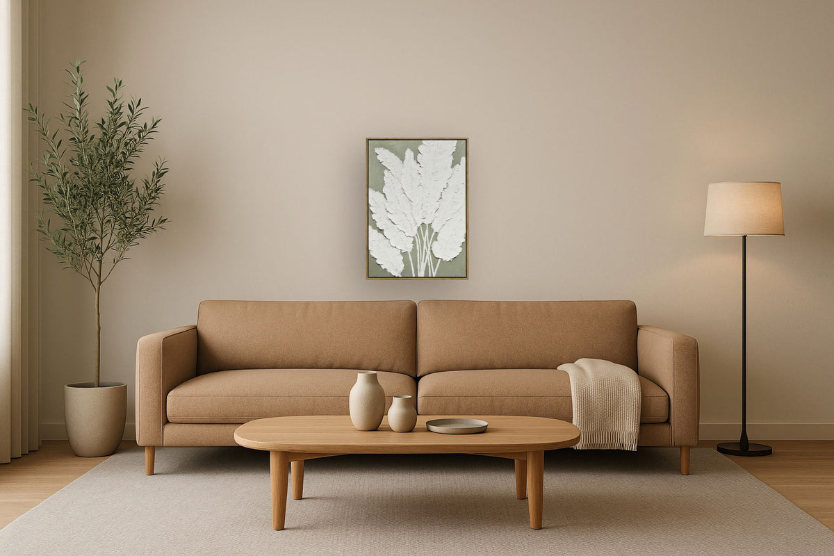 "Textured Foliage I" Hand-Embellished Canvas In Frame - Gray / Green / Wood