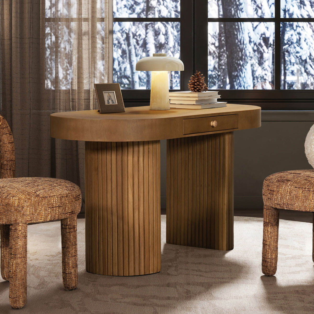 Jesse - Single Drawer Fluted Oval Console Desk - Honey Brown