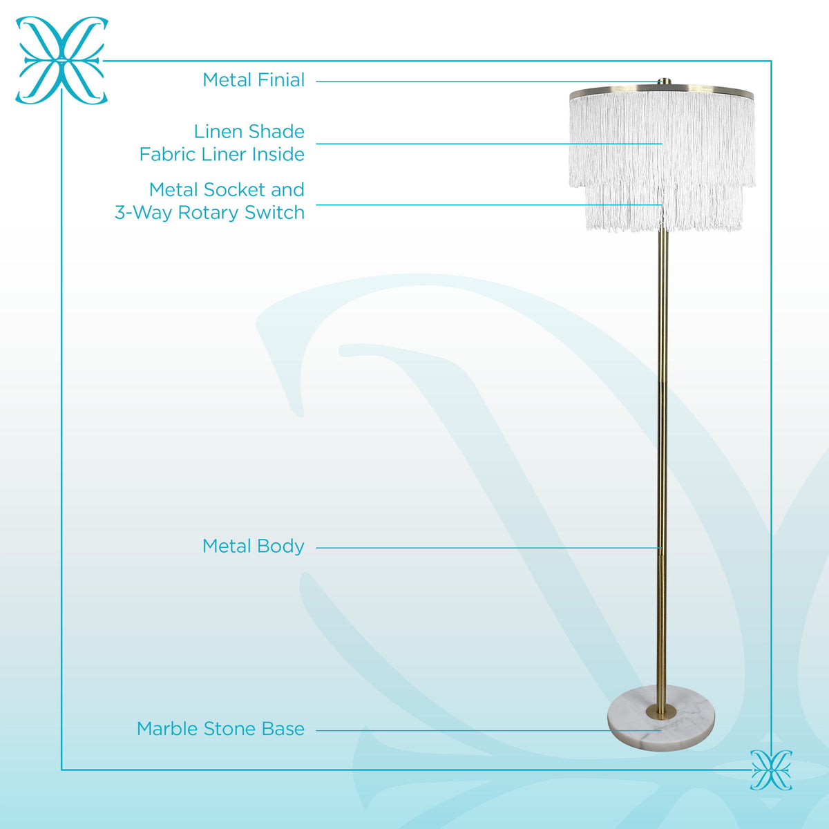 "Tassel Elegance I" Metal Floor Lamp - Soft Gold / White Marble