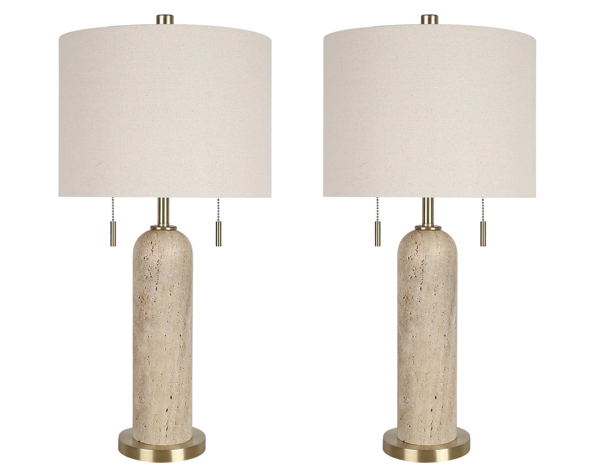 "Travertine Elegance" Travertine Table Lamp (Set of 2) - Travertine / Soft Gold