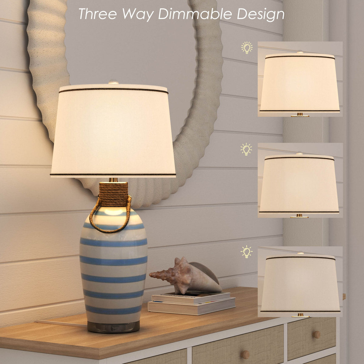 Harbor - Striped Ceramic Table Lamp With Rope (Set of 2) - Blue / White