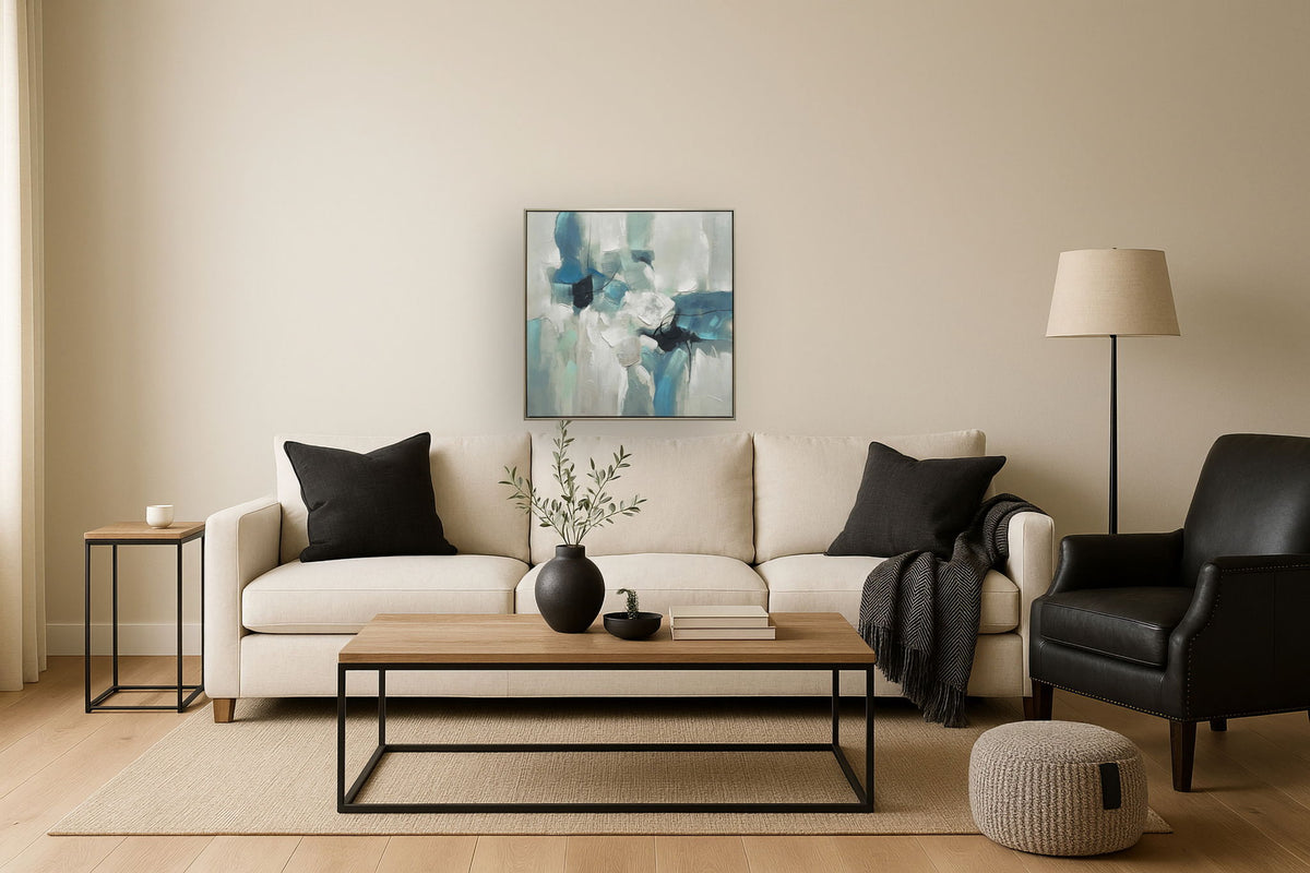 "Azure Abstraction" Hand-Embellished Canvas In Frame - Blue / Cream