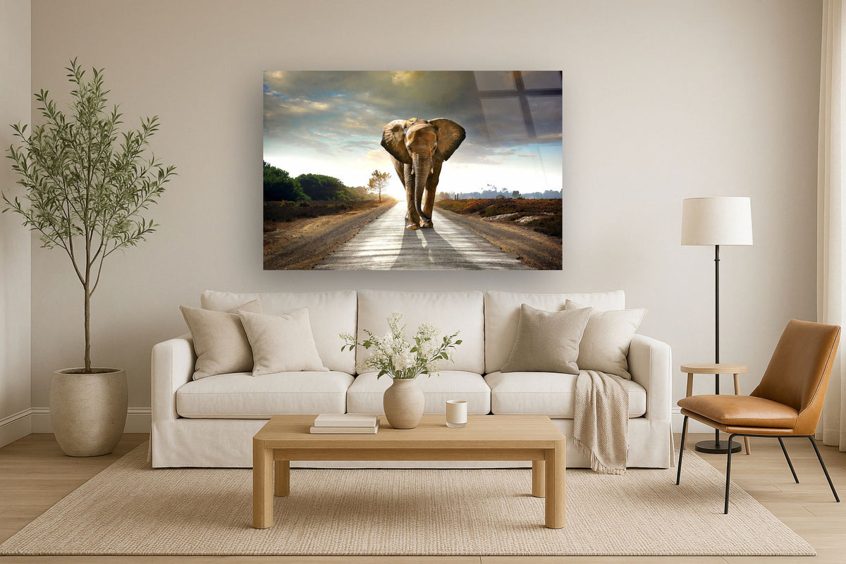 Floating Tempered Glass With Foil Elephant On The Road - Dark Gray