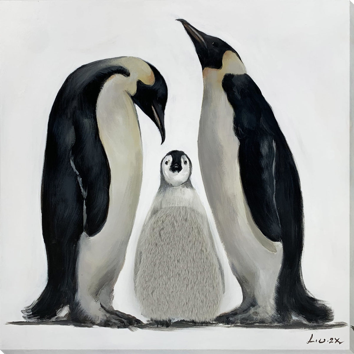 Penguin Family Hand-Embellished Wrapped Canvas With Fabric - Black / Ivory