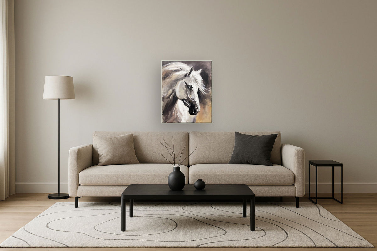 "Graceful Equine" Hand-Embellished Canvas In Frame - Gray / Black / White