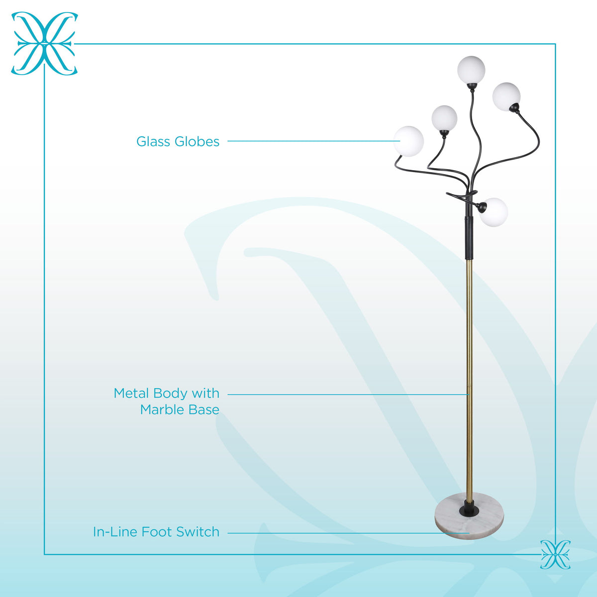 "Celestial Branch" Metal Floor Lamp - Matte Black / White Frosted Glass / White Marble / Soft Gold