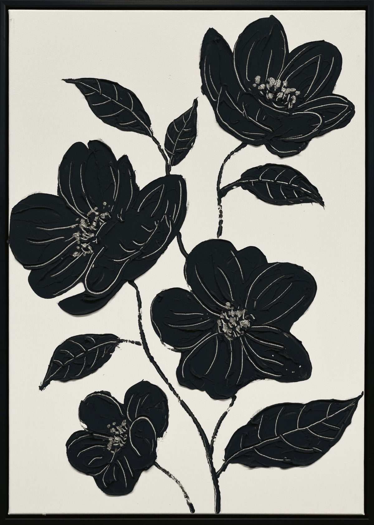 "Nocturnal Blooms II" Hand-Painted Canvas In Frame - Black / White / Canvas