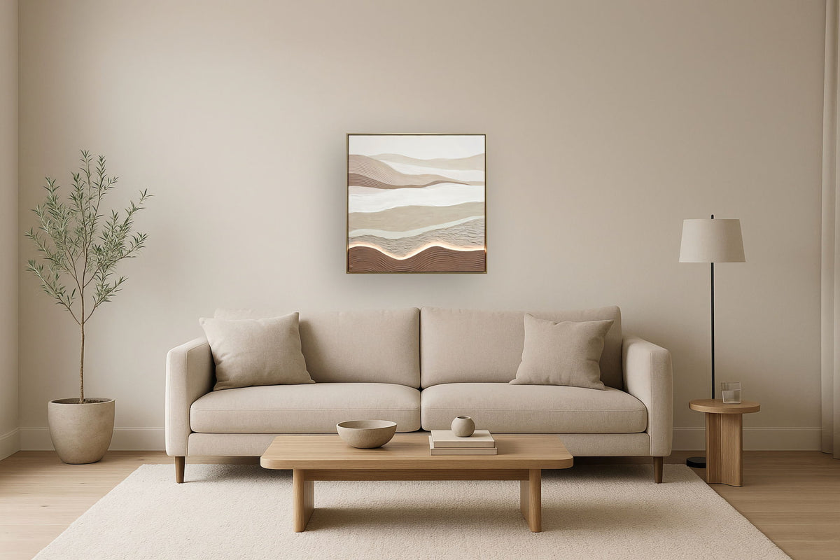 "Desert Glow I" Hand-Embellished LED In Frame - Beige / Cream