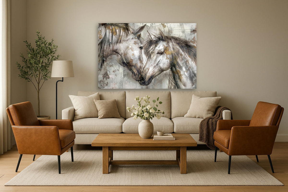 Floating Tempered Glass With Foil Horses In Love - Gray