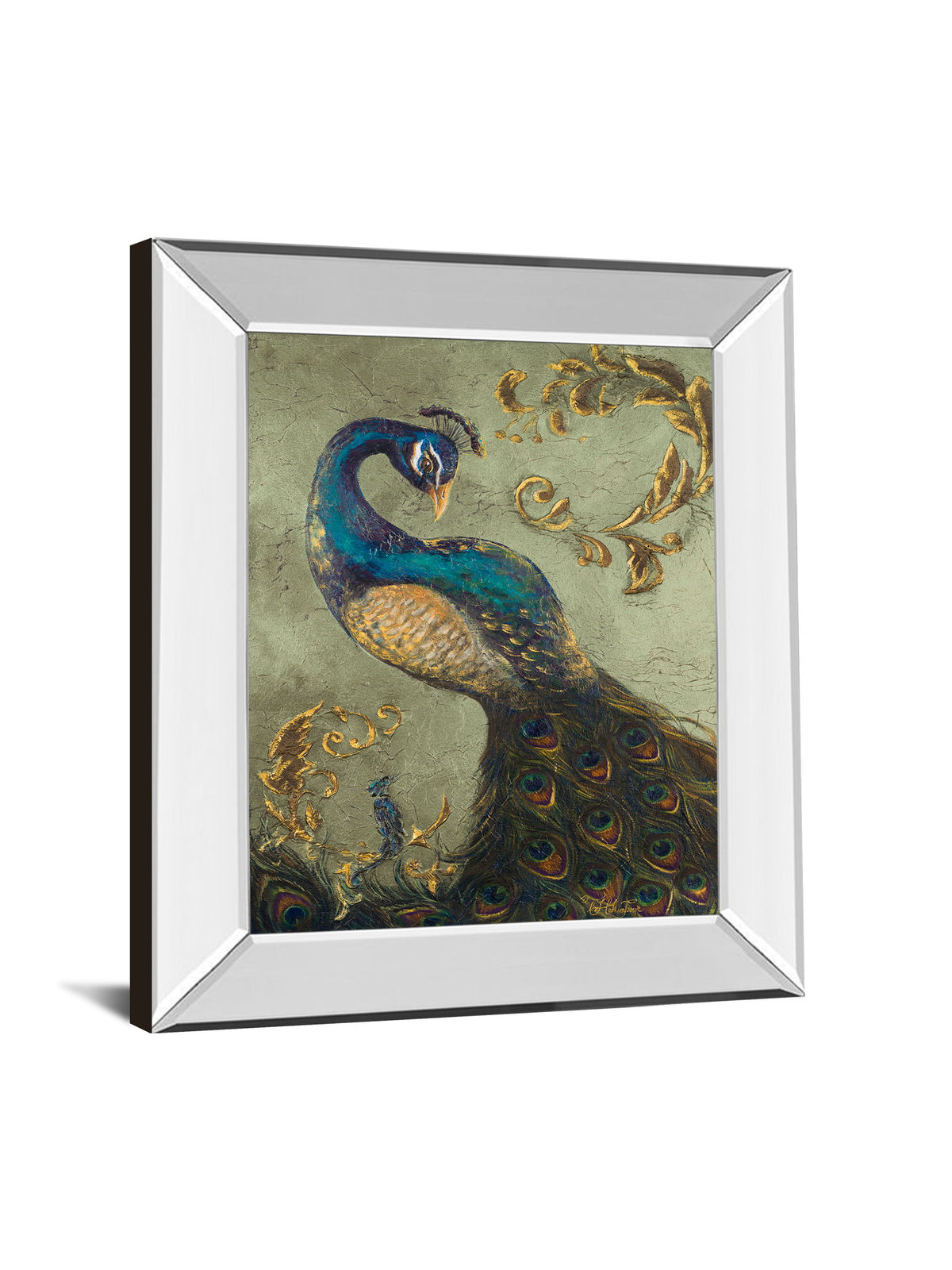 22x26 Peacock On Sage Il By Tiffany Hakimipour - Mirror Framed Print Wall Art - Beige