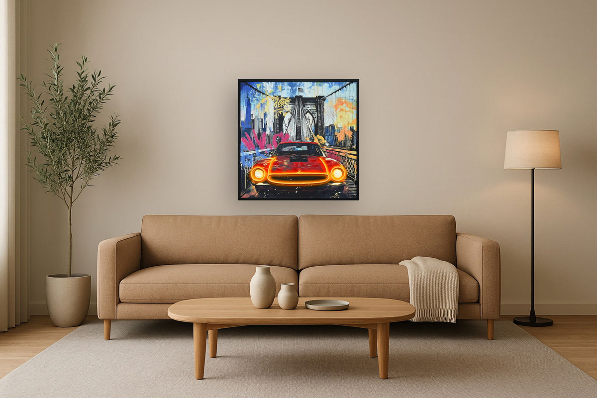 "Urban DrIVe" Hand-Embellished LED In Frame - Black / Neon