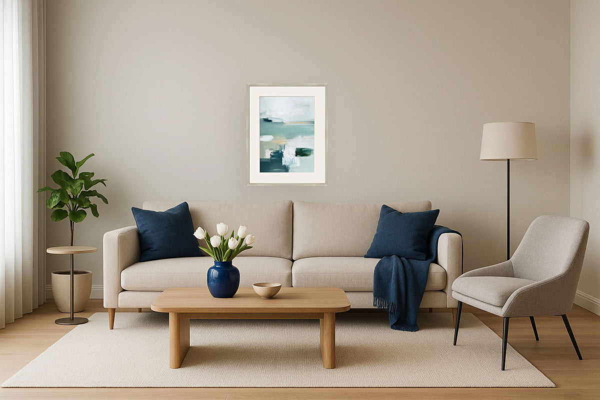 "Tranquil Horizons I" Framed Canvas Under Acrylic - Aqua / Cream