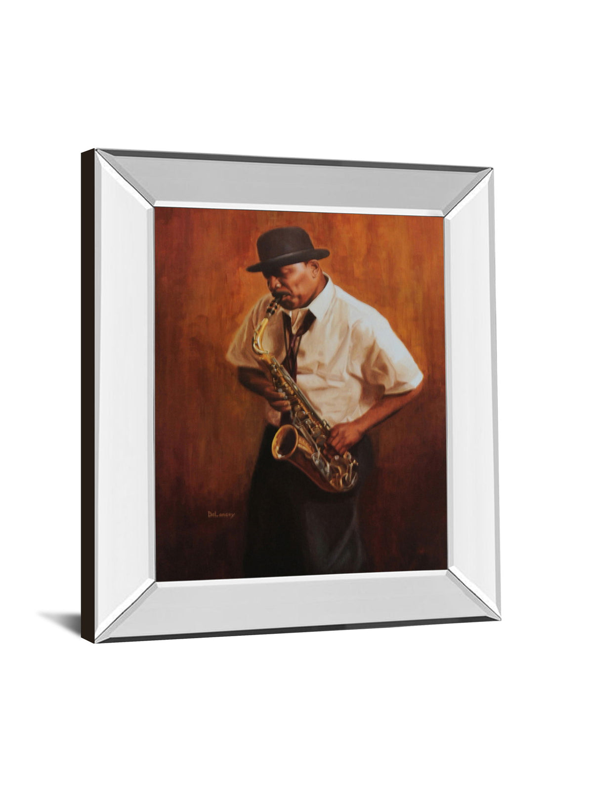 Sax Player - Mirror Framed Print Wall Art - Dark Brown