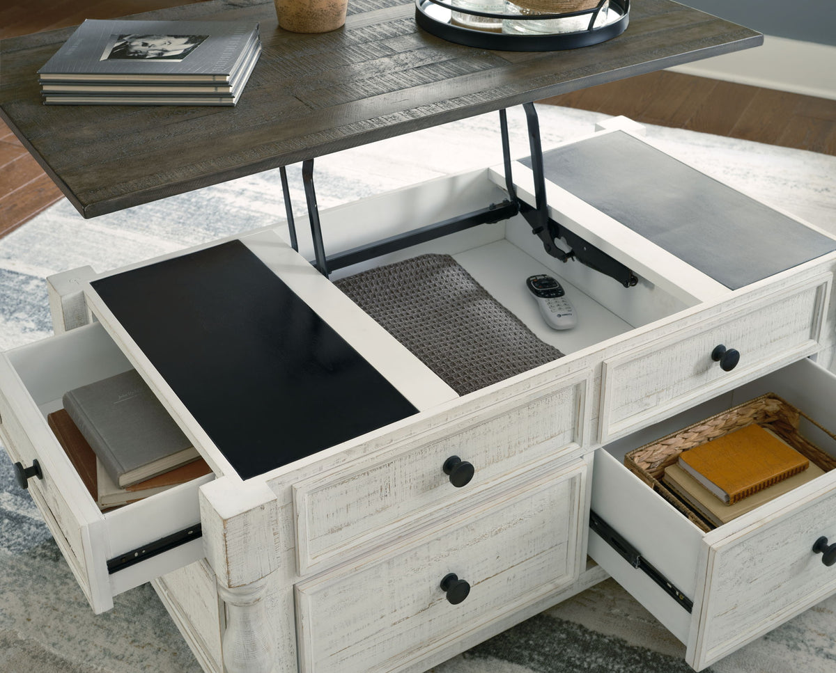 Havalance - Lift Top Cocktail Table with Storage Drawers - White / Gray