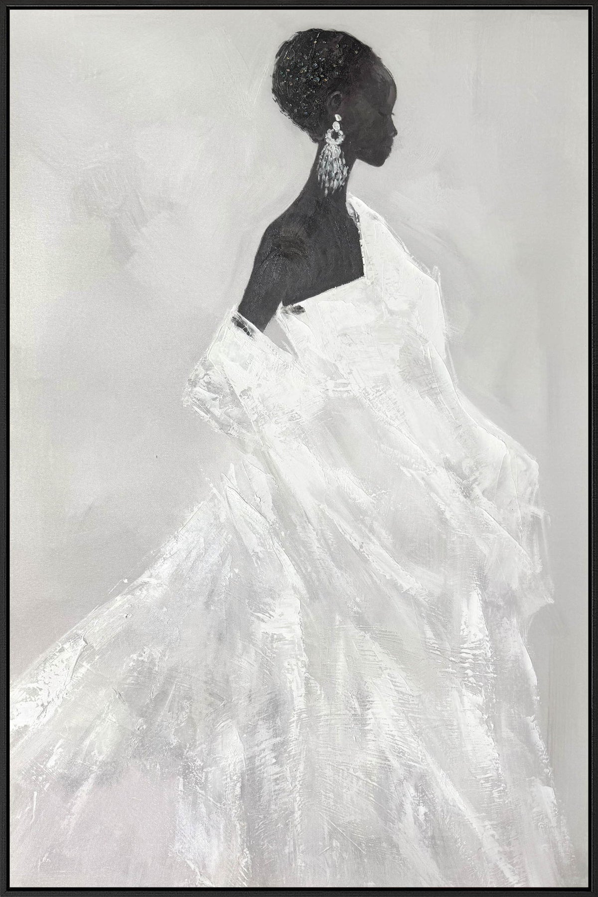 "Elegant Silhouette II" Hand-Painted With Rocks In Frame - Black / Gray