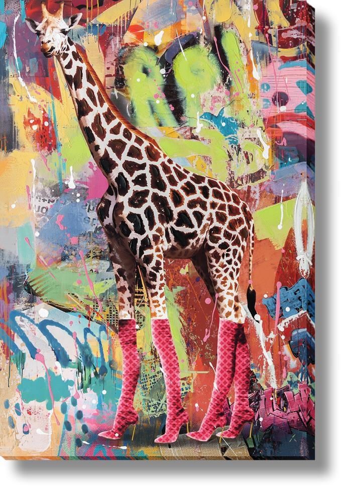 Neon Boots Giraffe - 47" x 32" Framed Wall Art - Dark Brown