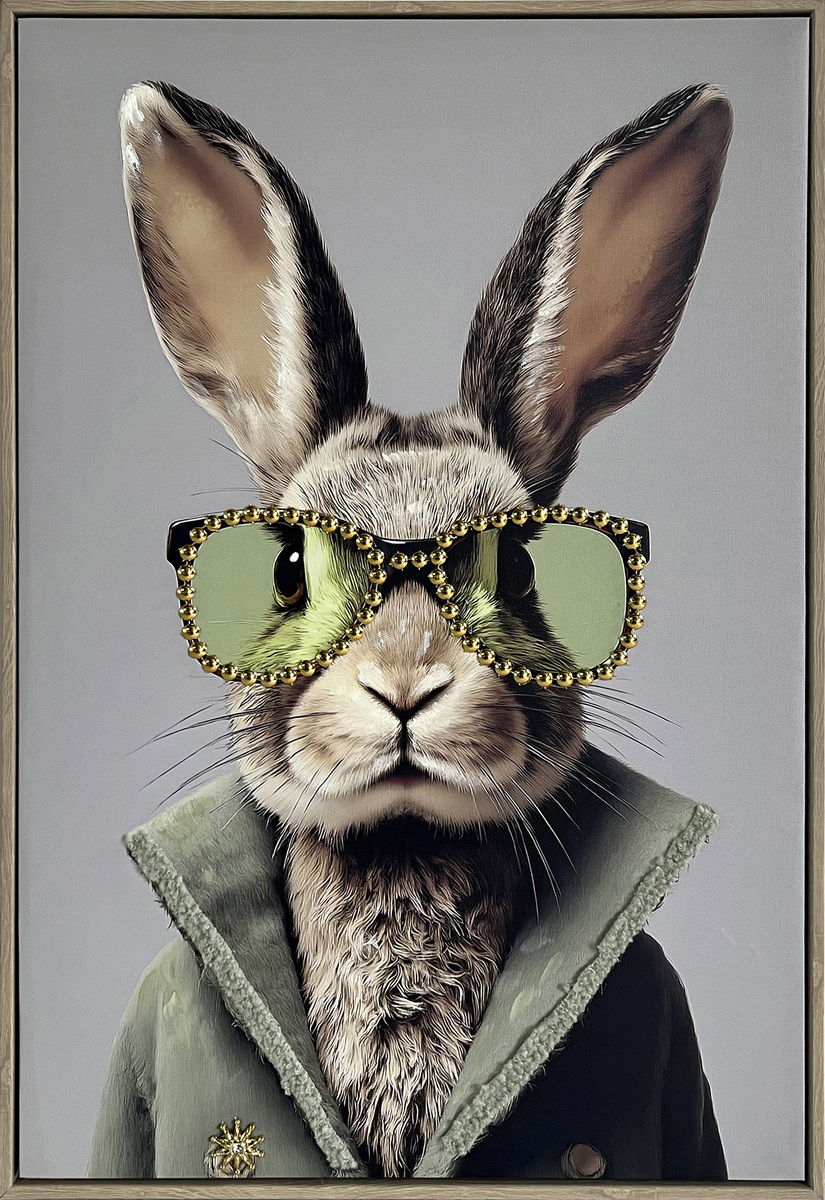 Velvet Hare I Hand-Embellished Canvas With Fabric In Frame - Gray / Beige