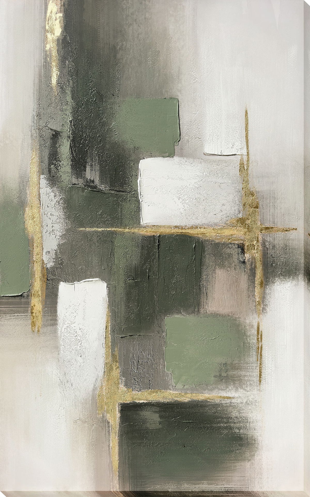 Verdant Structure II Hand-Embellished Wrapped Canvas With Foil - Sage / Gray