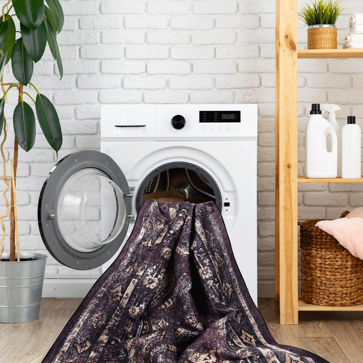 Maval - 8' X 10' Washable Area Rug - Black / Burgundy