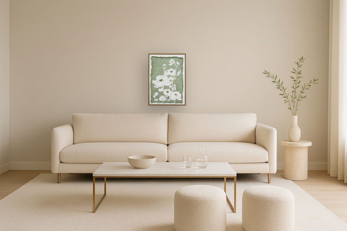 "Blossom Serenity II" Hand-Embellished Canvas In Frame - Green / White / Natural Wood