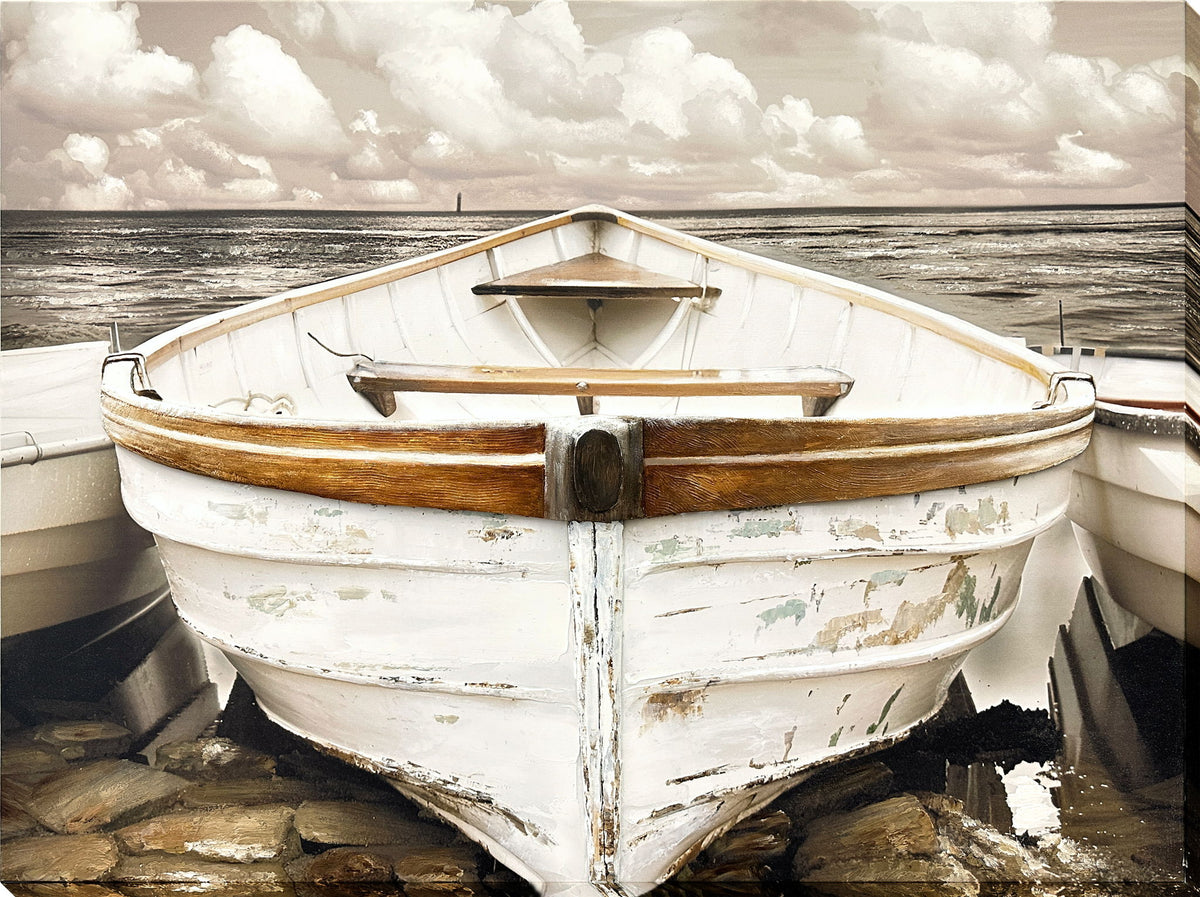 "Coastal Serenity" Hand-Embellished Wrapped Canvas - Natural Wood / Beige
