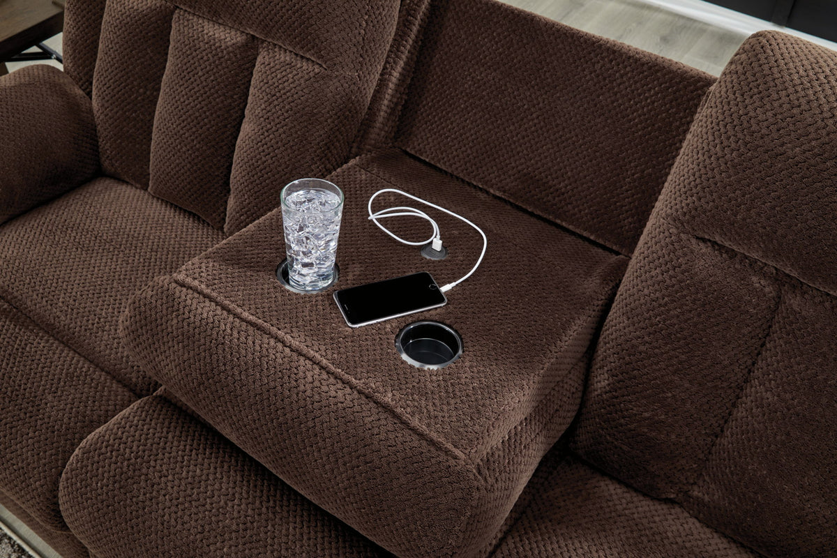 Free Wake - Reclining Power Sofa With Drop Down Table - Chocolate