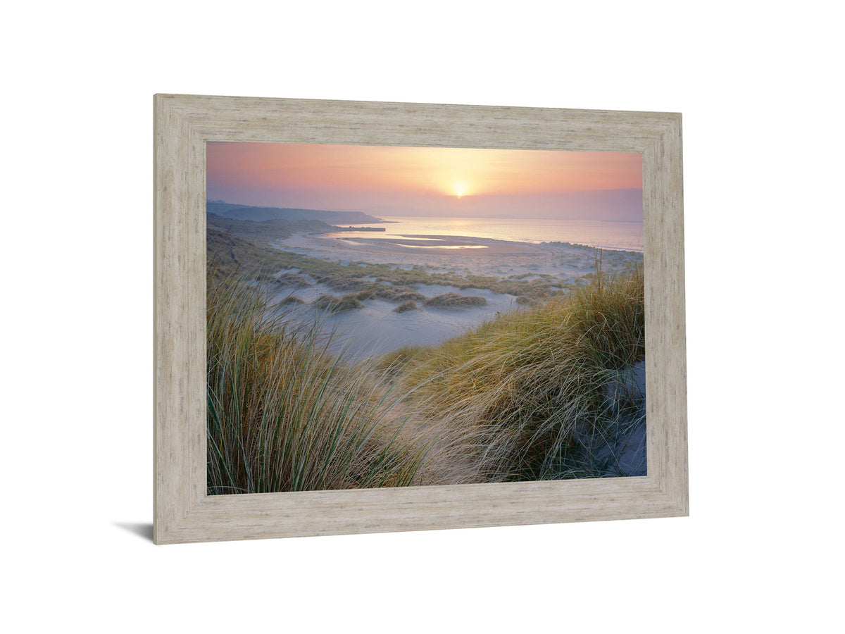 Misty Shoreline Glow - 28" x 34" Framed Wall Art - Light Blue