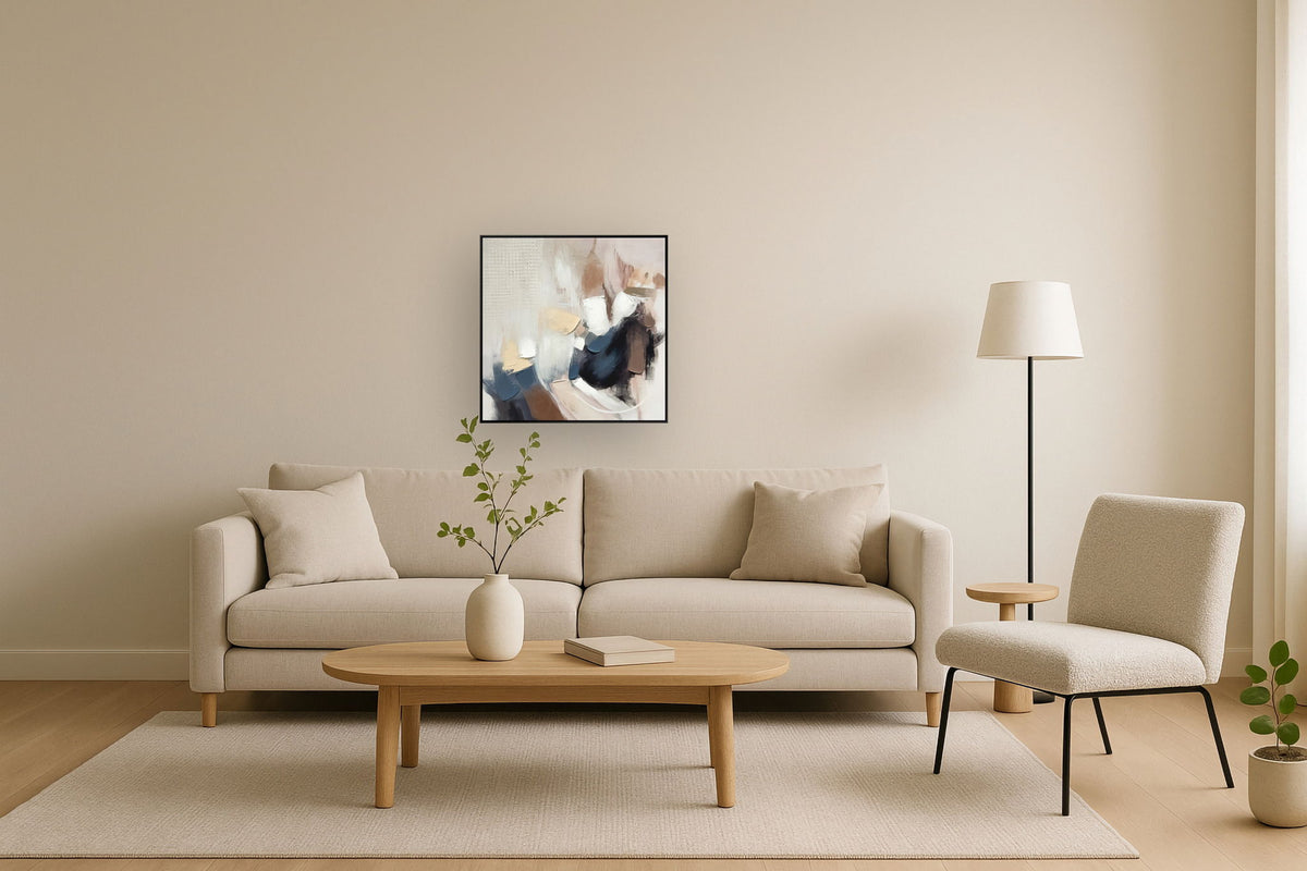 "Abstract Harmony I" Hand-Embellished Canvas In Frame - Brown / Blue / Beige / White / Black
