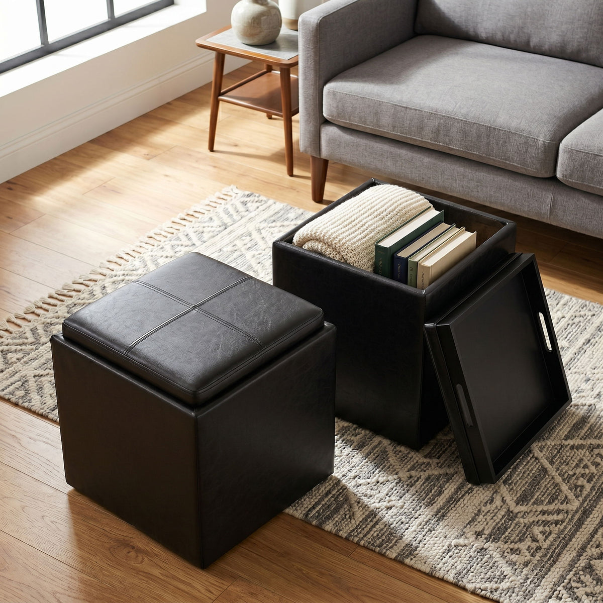 Rockwood - Upholstered Cube Storage Ottoman With Tray