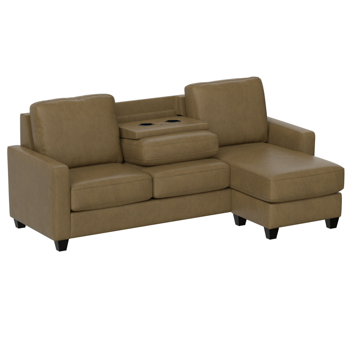 2 Piece Sofa With Chaise, Comfortable Seating For 3, Tapered Feet, USB Charging Console - Brown