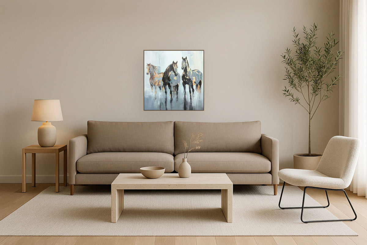 "Equine Grace II" Hand-Painted Canvas In Frame - Gray / Brown / Blue