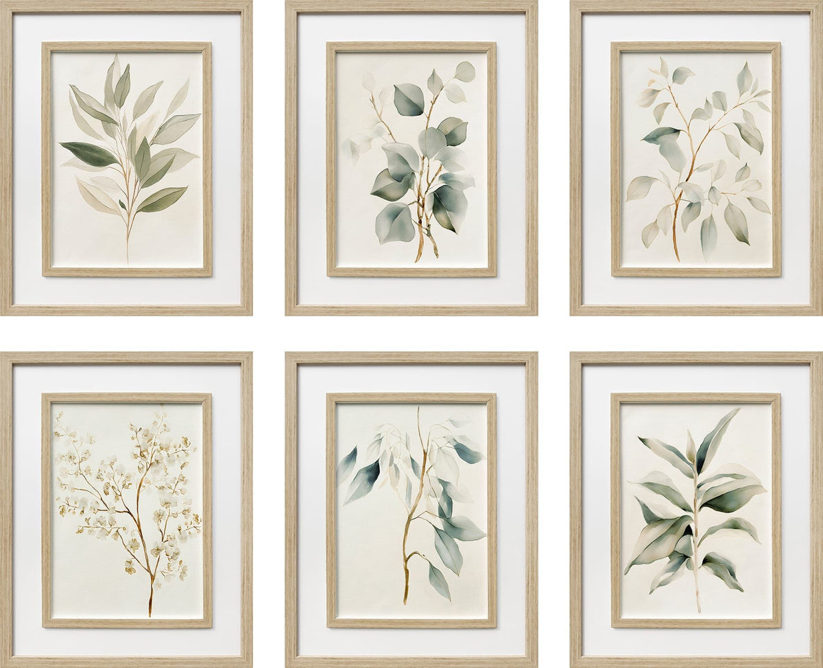 Quiet Botanical Print on Paper In Double Frame (Set of 6) - Beige / Green