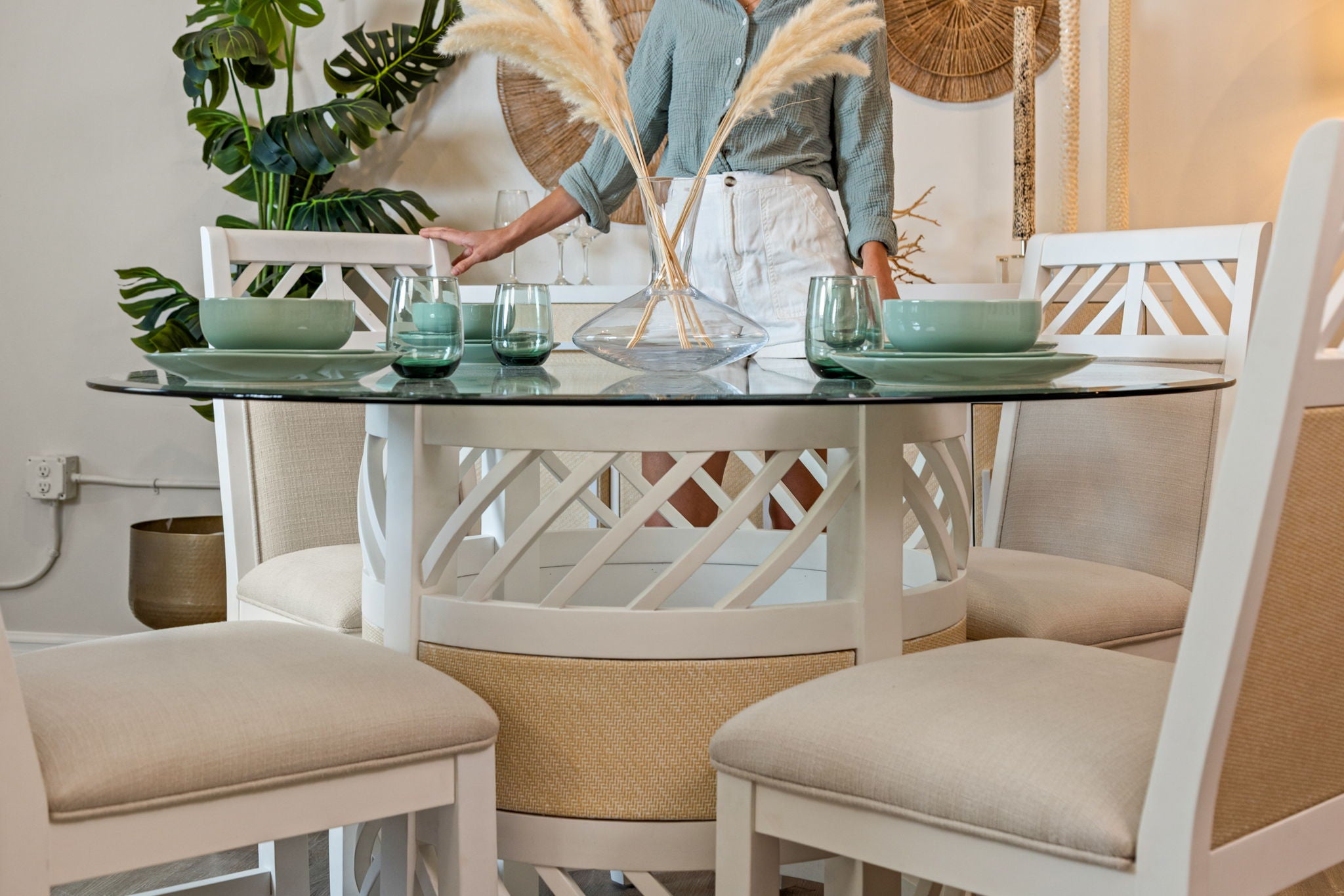 Miramar - Round Glass Dining Table - Sand / Stark White