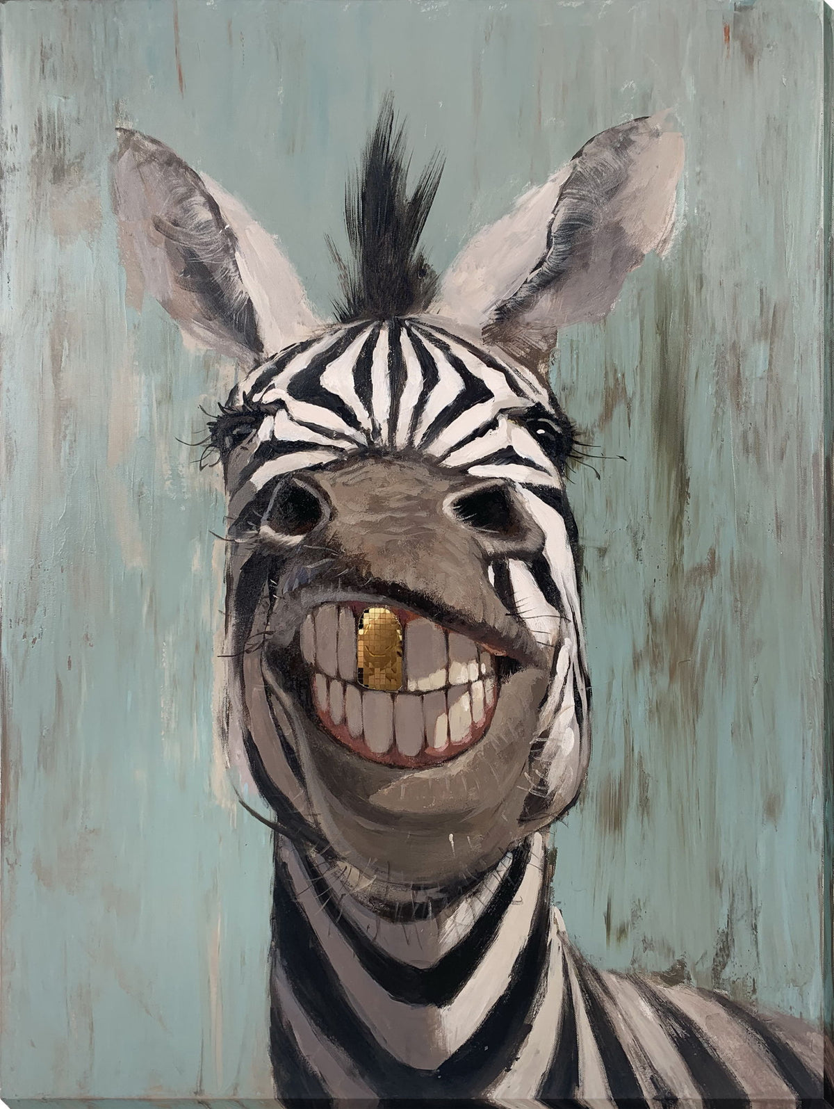 "Cheerful Stripes" Hand-Embellished Wrapped Canvas - Brown / White / Blue