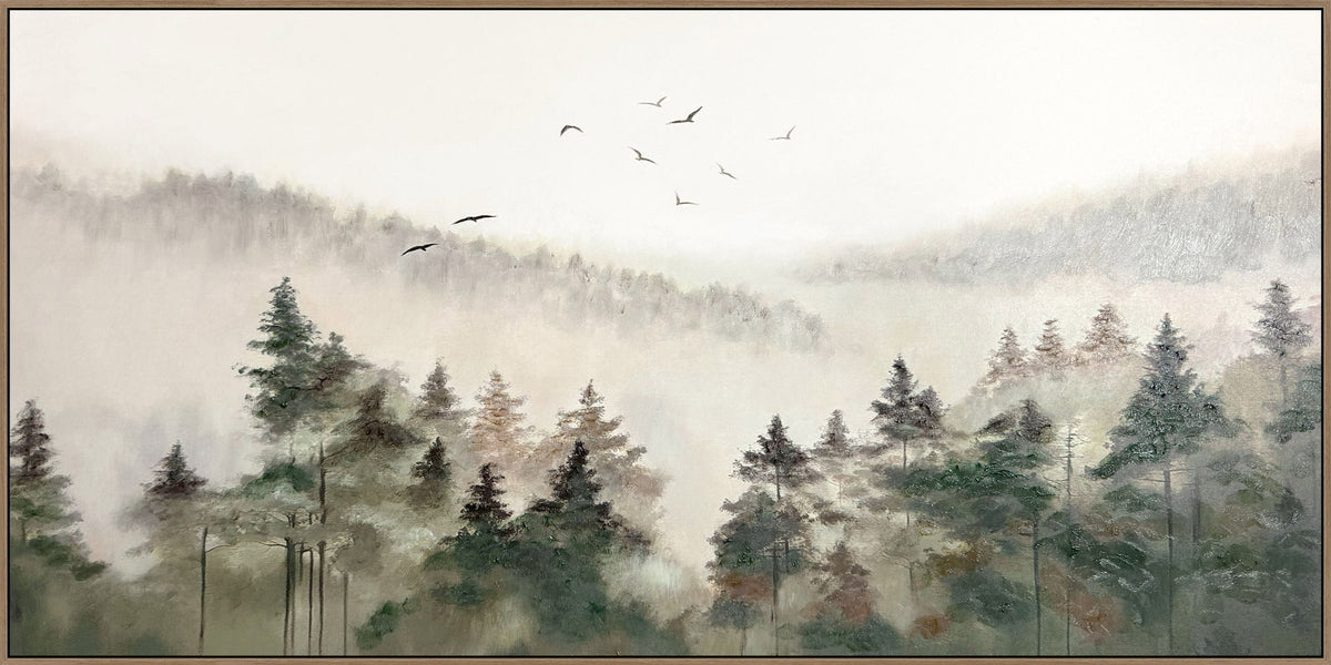 "Misty Wilderness" Hand-Painted Canvas In Frame - Green / Gray