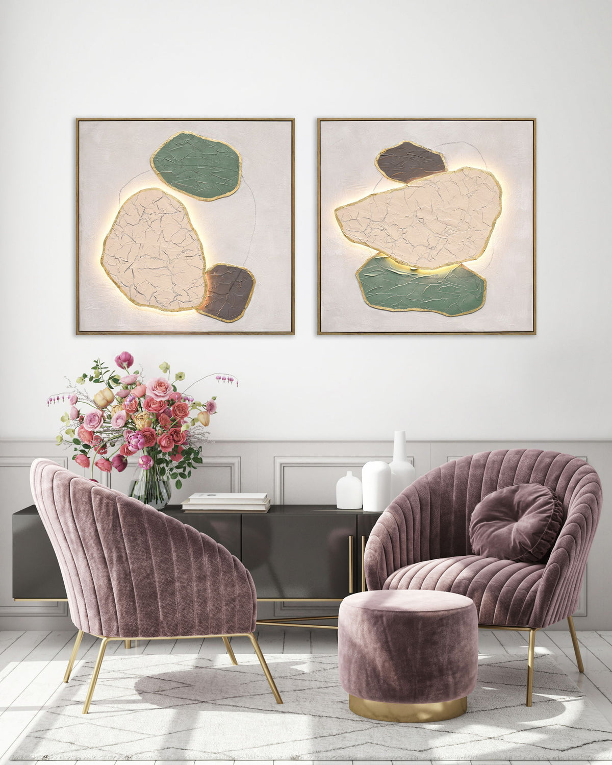 Earthen Forms II Hand-Painted LED Canvas In Frame - Beige / Blush