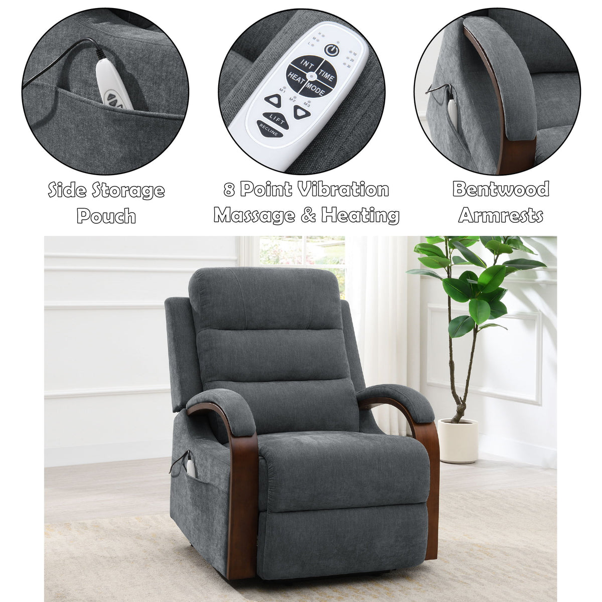 Kayla - Power Recliner With Lift & Heating & Massage (Zero Gravity) - Gray