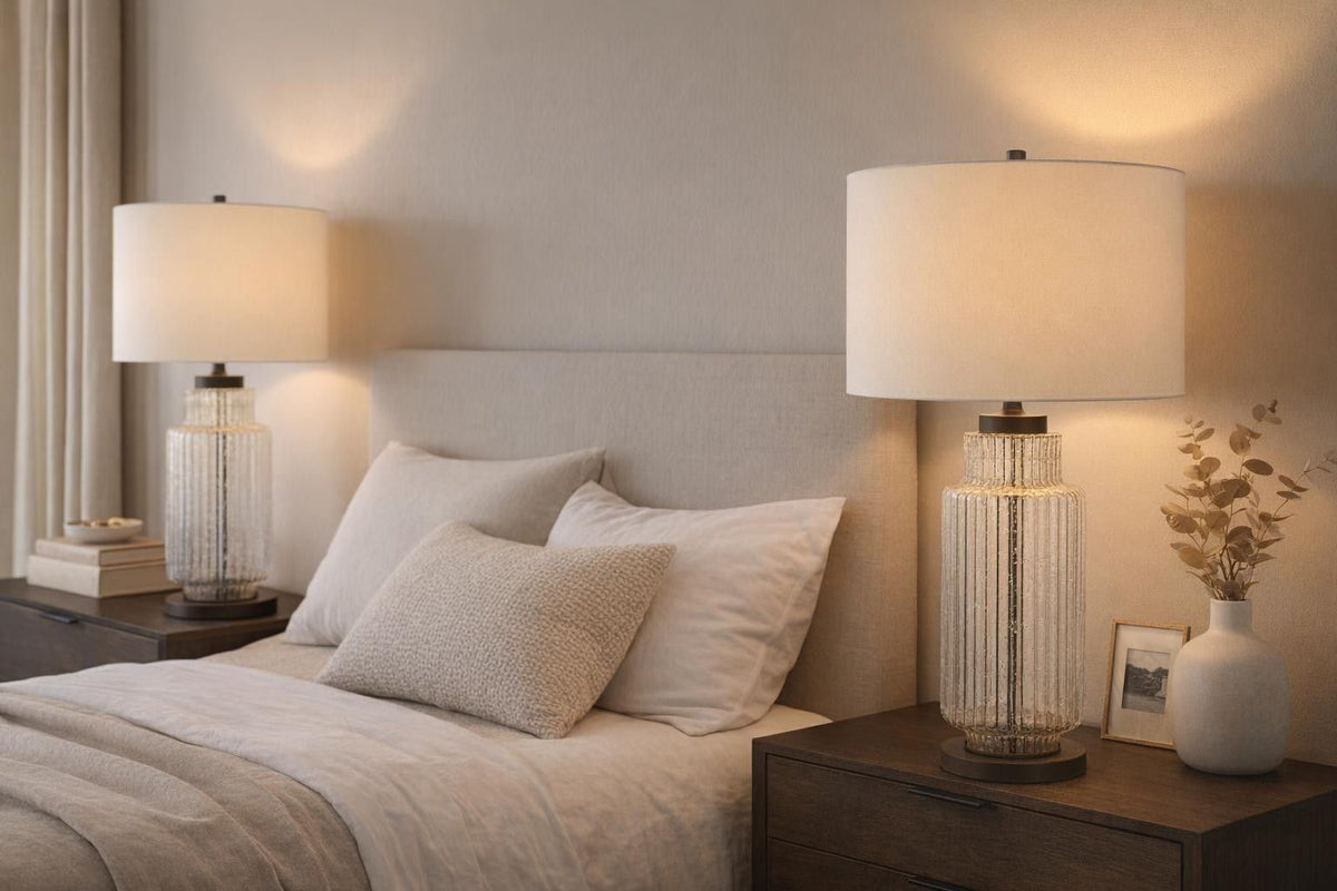 Lumina Ripple Ribbed Glass & Metal Table Lamp (Set of 2) - Clear Glass With Gold Flecks / Oil Bronze
