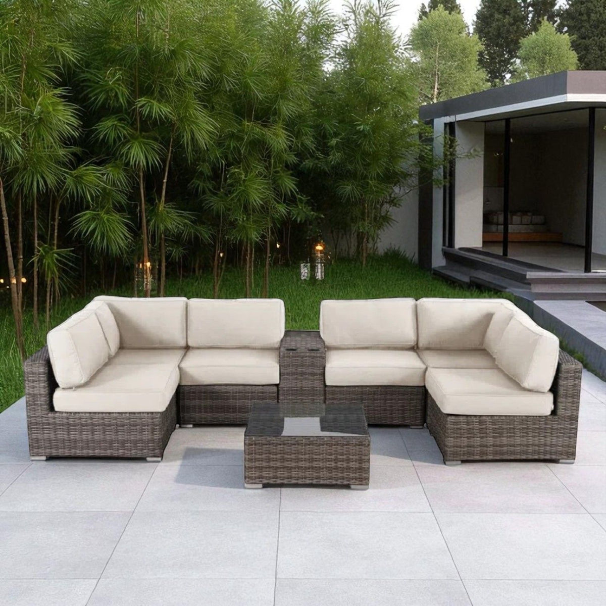 Elegant 4 Person Wicker Patio Seating Set With Cushions And Glass Top Table