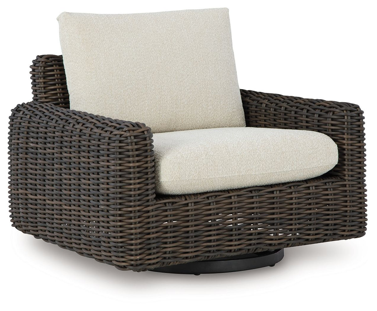 Kimora - 4 Pc. - 4-Piece Outdoor Sectional, Swivel Glider Lounge, Cocktail Table, End Table - Beige / Dark Brown